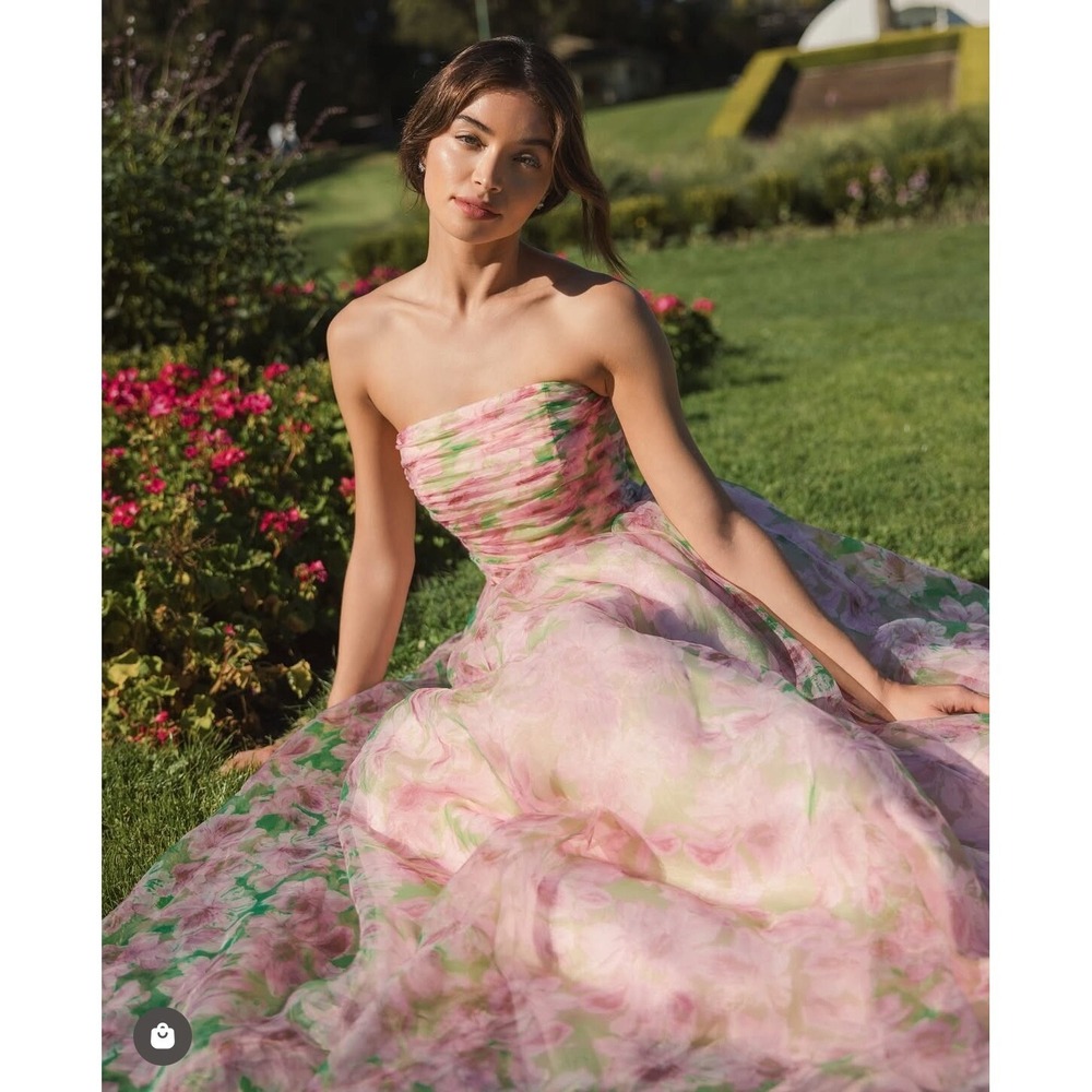 NWT Mac Duggal Pink Floral Strapless Chiffon Gown W/ Ruffle Detail $598 Size 14 - Picture 4 of 16